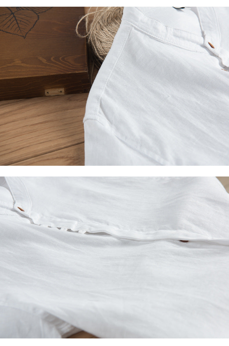 Camisa de lino abotonada manga corta blanca