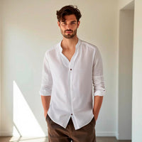 Thumbnail for Camisa de lino Manga Larga Beige cuello en  V