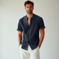 Thumbnail for Camisa de lino abotonada manga corta azul