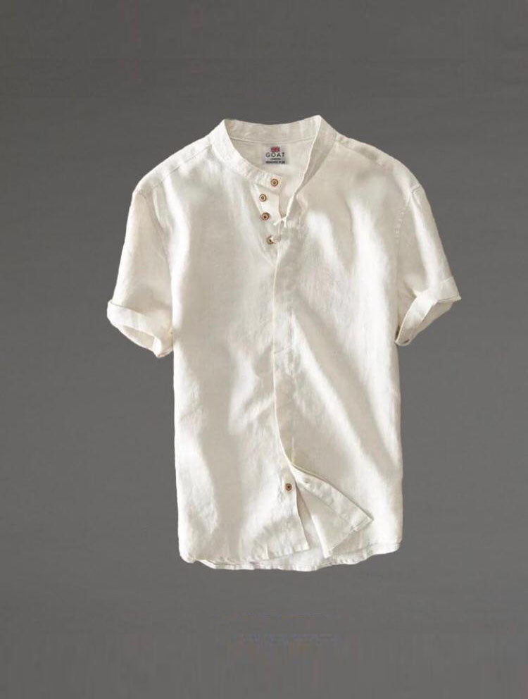 Camisa de lino abotonada manga corta azul