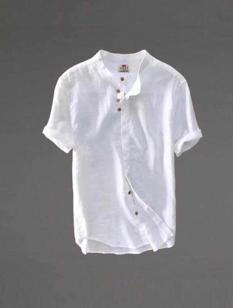 Camisa de lino abotonada manga corta azul