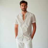 Thumbnail for Camisa de lino abotonada manga corta azul