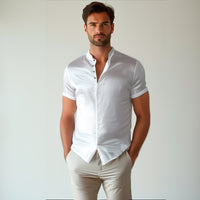 Thumbnail for Camisa de lino abotonada manga corta azul