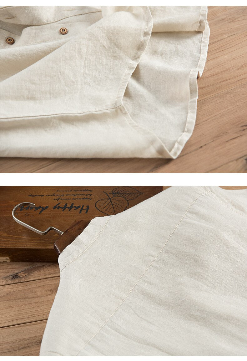 Camisa de lino abotonada manga corta azul