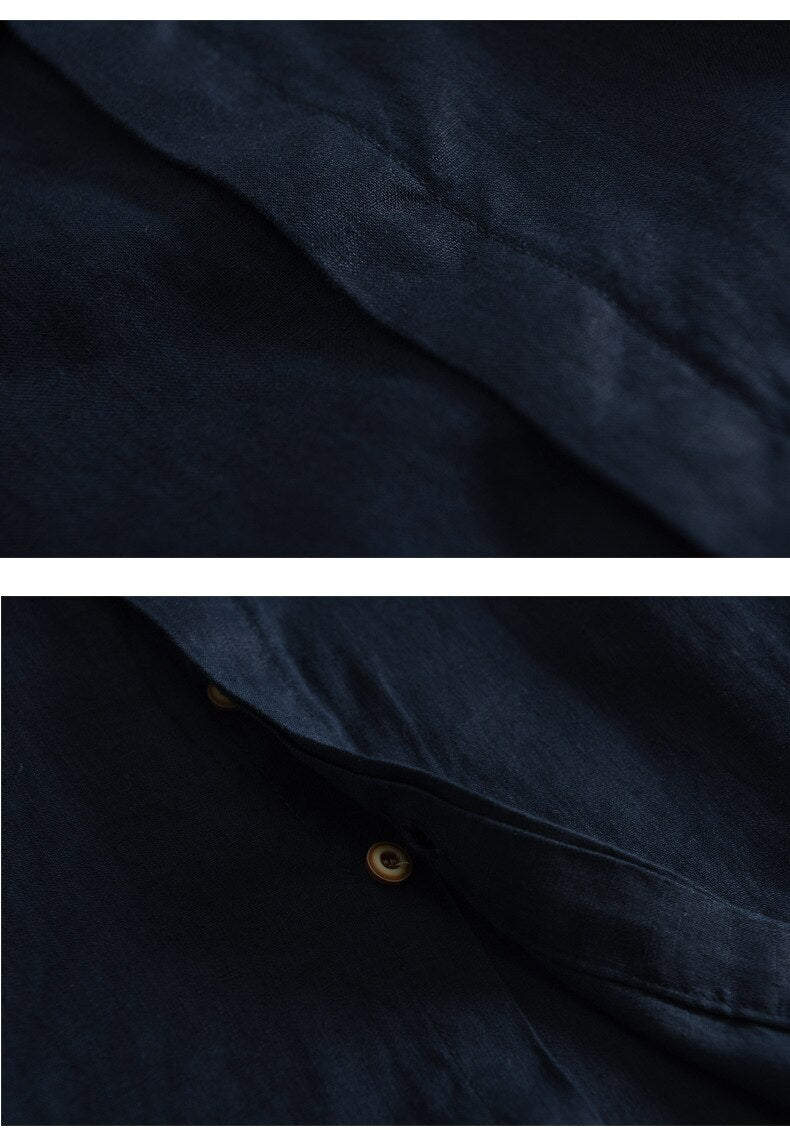 Camisa de lino abotonada manga corta azul
