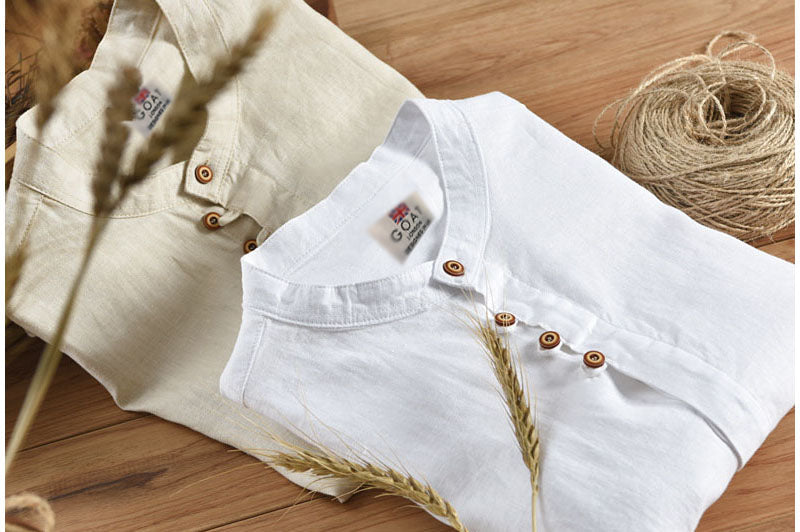 Camisa de lino abotonada manga corta azul