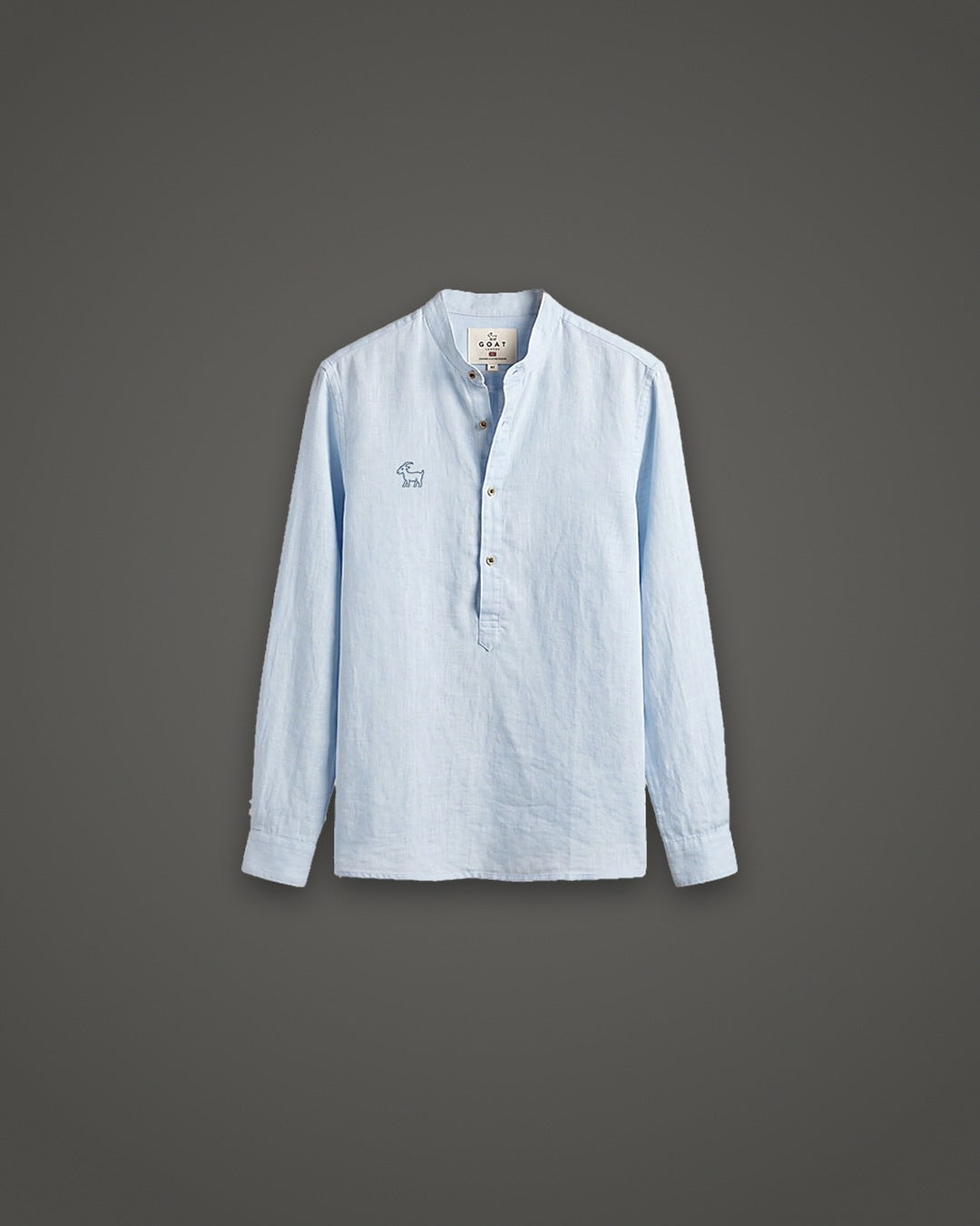 Camisa de lino manga larga cuello mao celeste