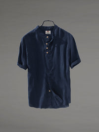 Thumbnail for Camisa de lino abotonada manga corta azul
