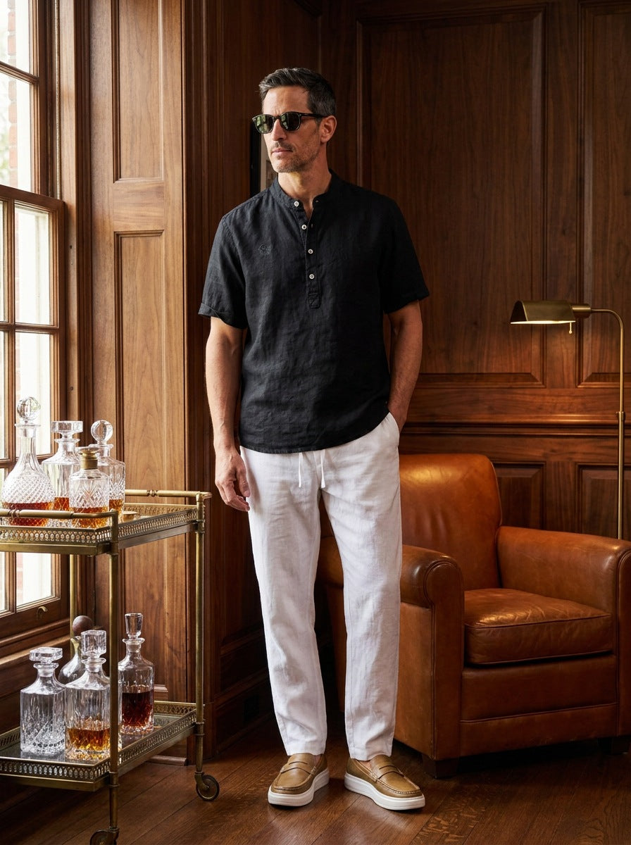 Camisa Hampstead Linen Grandad - negra de pie