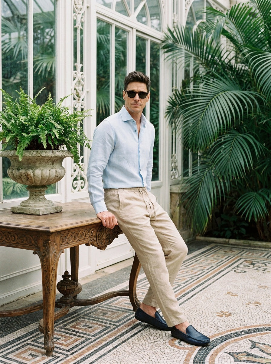 Camisa Notting Hill Linen - celeste apoyado