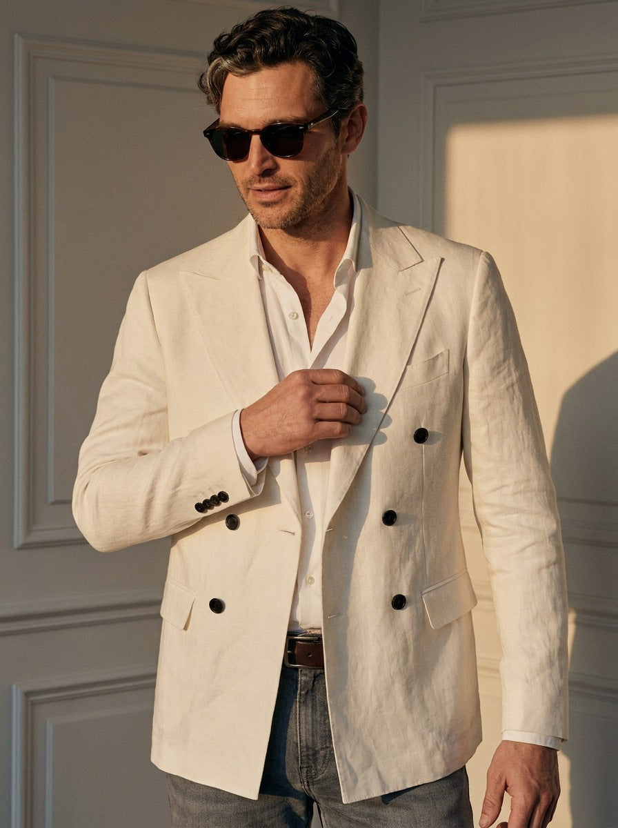 Blazer St James's Linen Double-Breasted — St James blanco - primer plano atardecer.jpg