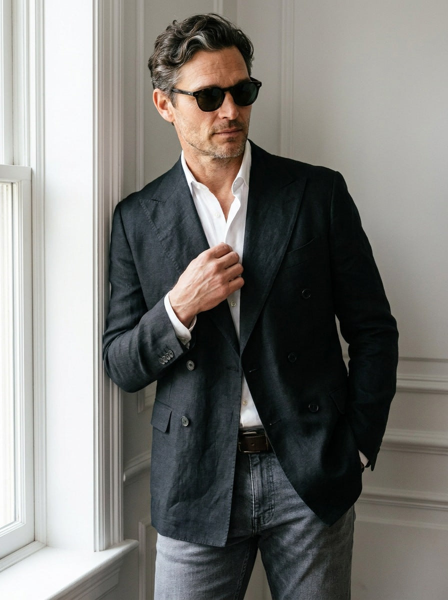 Blazer St James's Linen Double-Breasted — St James negro - primer plano dia.jpg
