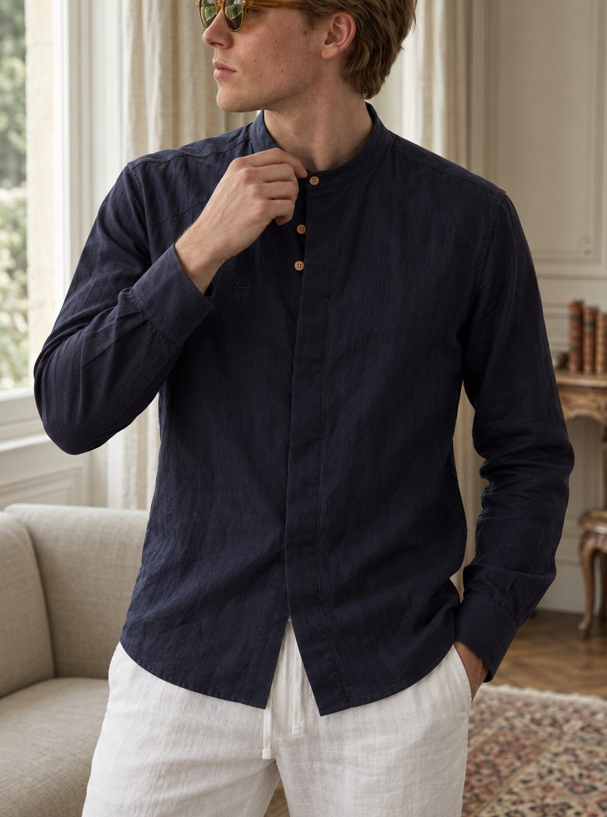 Camisa de lino Manga Larga — Manga Larga azul - Modelo D detalle.jpg