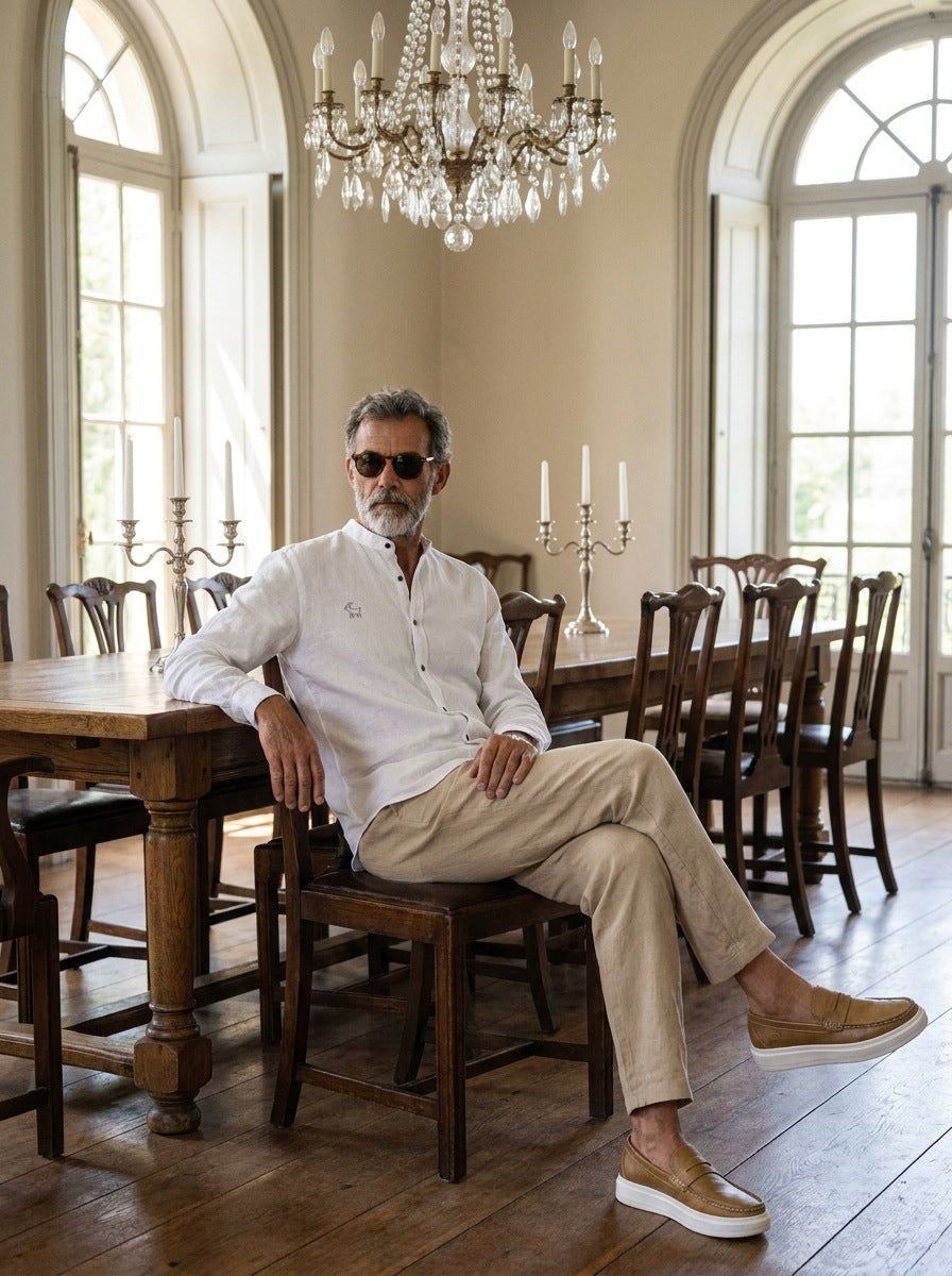 Camisa de Lino Camberwell — Camberwell blanca - Modelo S sentado.jpg