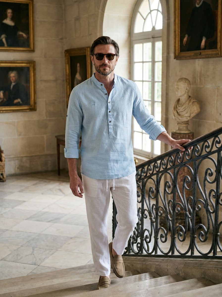 Camisa de lino Manga Larga cuello mao — Manga Larga mao celeste - Modelo L escalera.jpg