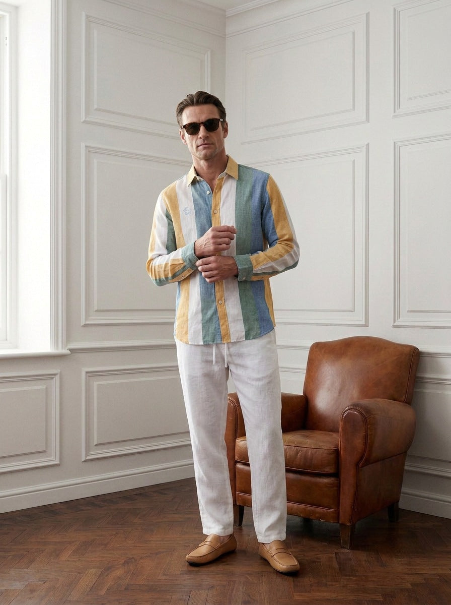Camisa London Eye mang larga (100% lino) — London Eye ML amarillo - Modelo I de pie.jpg