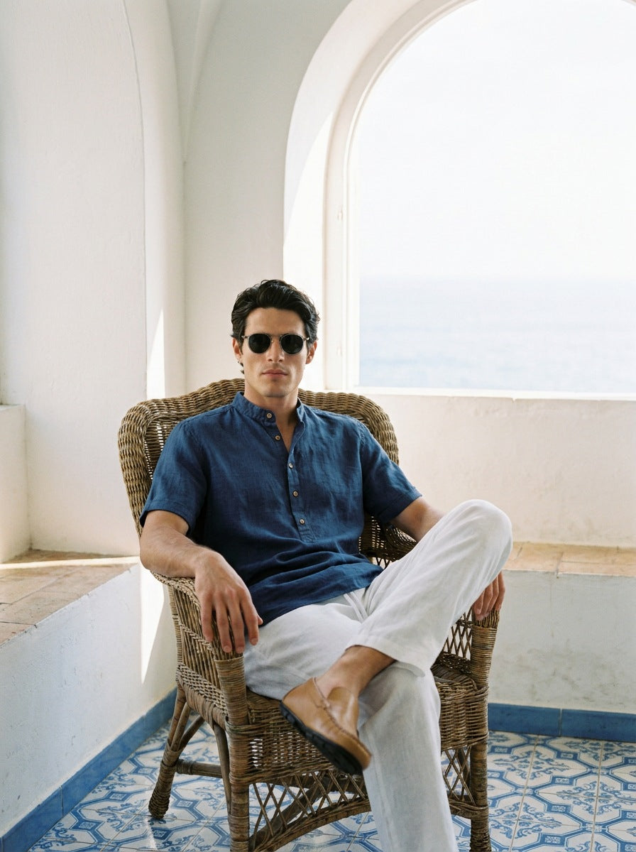 Camisa de lino Manga corta Azul Marino — Manga corta Azul Marino azul - Modelo V sentado.jpg