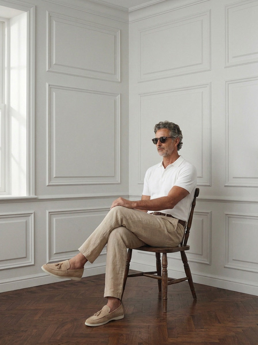 Polo Chemise — Polo Chemise blanco - Modelo A2 sentado.jpg