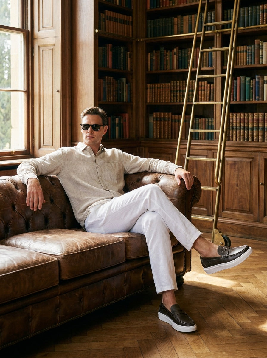 Camisa Beckenham de lino — Beckenham crema - Modelo P sentado.jpg
