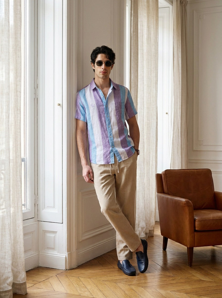 Camisa London Eye (100% lino) — London Eye celeste - Modelo N de pie.jpg