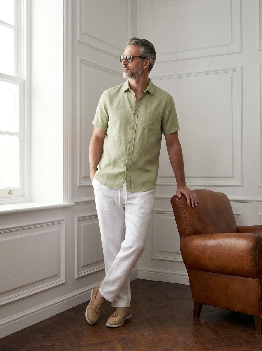 Camisas Mayfair — Mayfair verde - Modelo K apoyado sillon.jpg