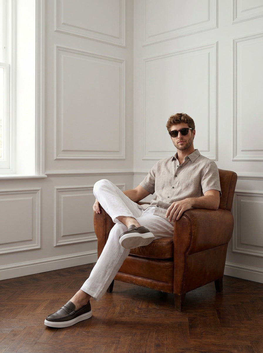 Camisa Westminster 100% de lino — Westminster beige - Modelo H sentado.jpg