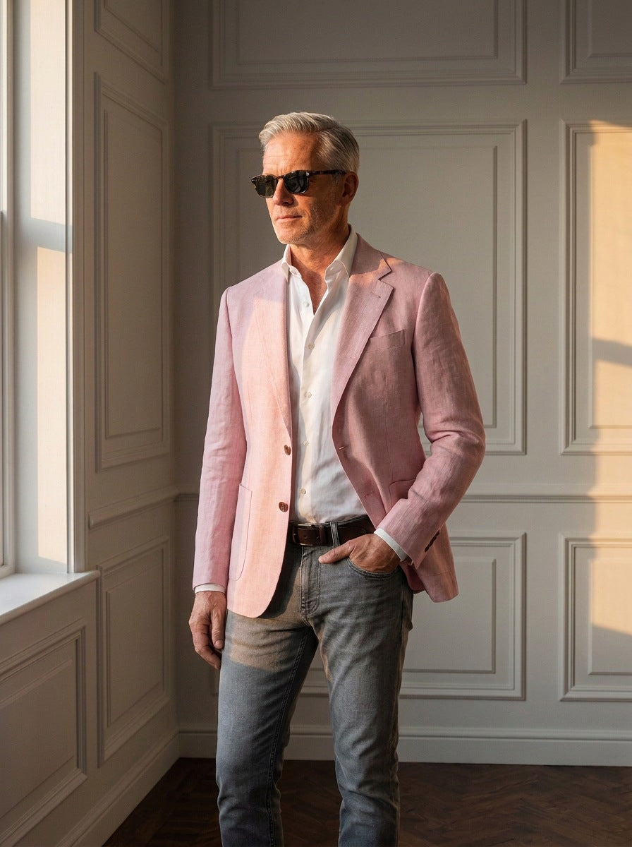 Blazer Cadogan Linen — Cadogan rosa - plano medio atardecer.jpg