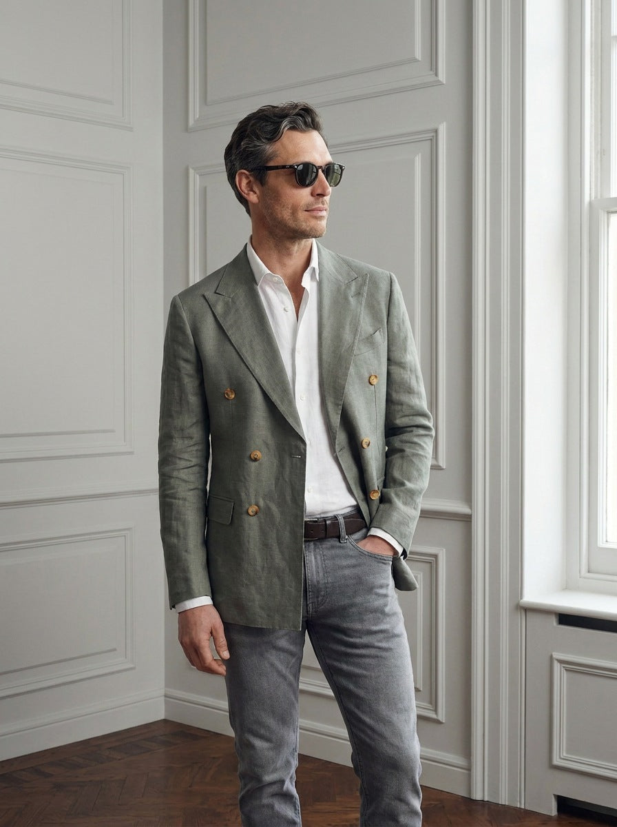 Blazer St James's Linen Double-Breasted — St James verde grisaceo - plano medio dia.jpg