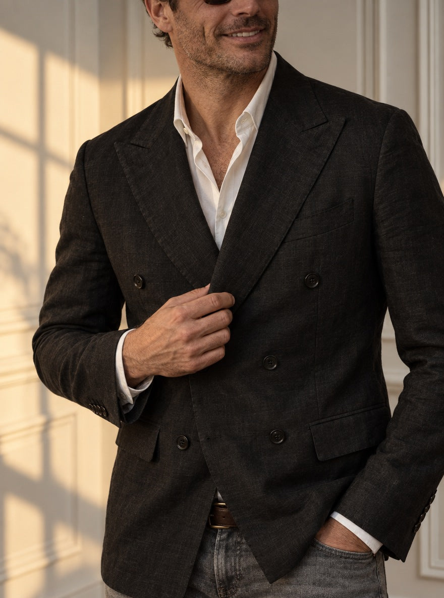 Blazer St James's Linen Double-Breasted — St James negro - detalle atardecer GPT.jpg
