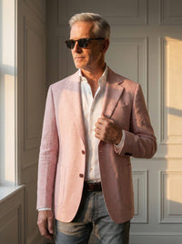 Thumbnail for Blazer Cadogan Linen — Cadogan rosa - primer plano atardecer.jpg