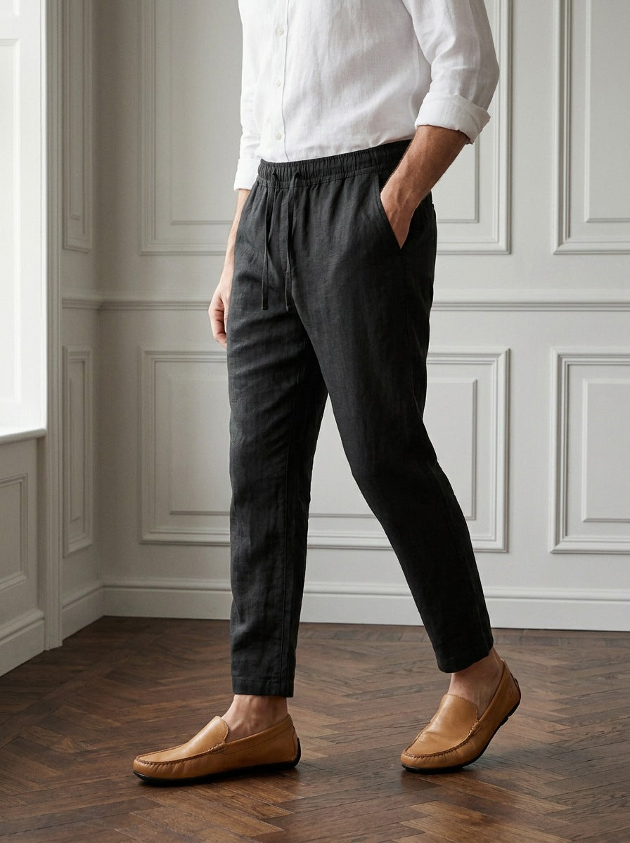 Pantalon de Bambula y lino — Pantalon lino negro - modelo caminando.jpg
