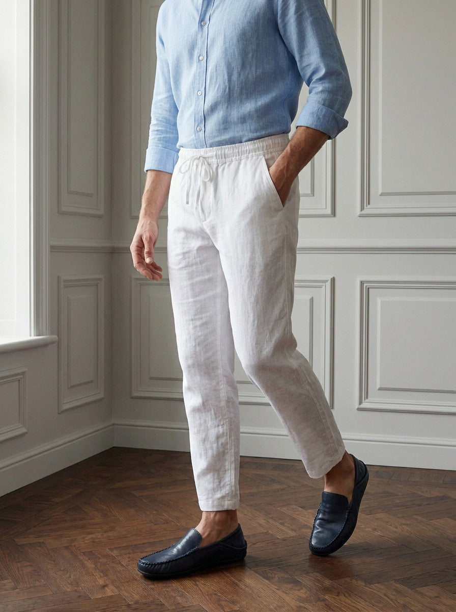 Pantalon de Bambula y lino — Pantalon lino blanco - modelo caminando.jpg