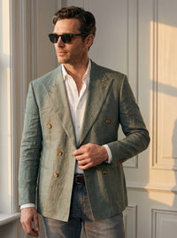 Thumbnail for Blazer St James's Linen Double-Breasted — St James verde grisaceo - primer plano atardecer.jpg