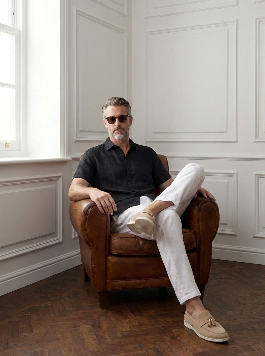 Camisas Mayfair — Mayfair negra - Modelo K sentado.jpg