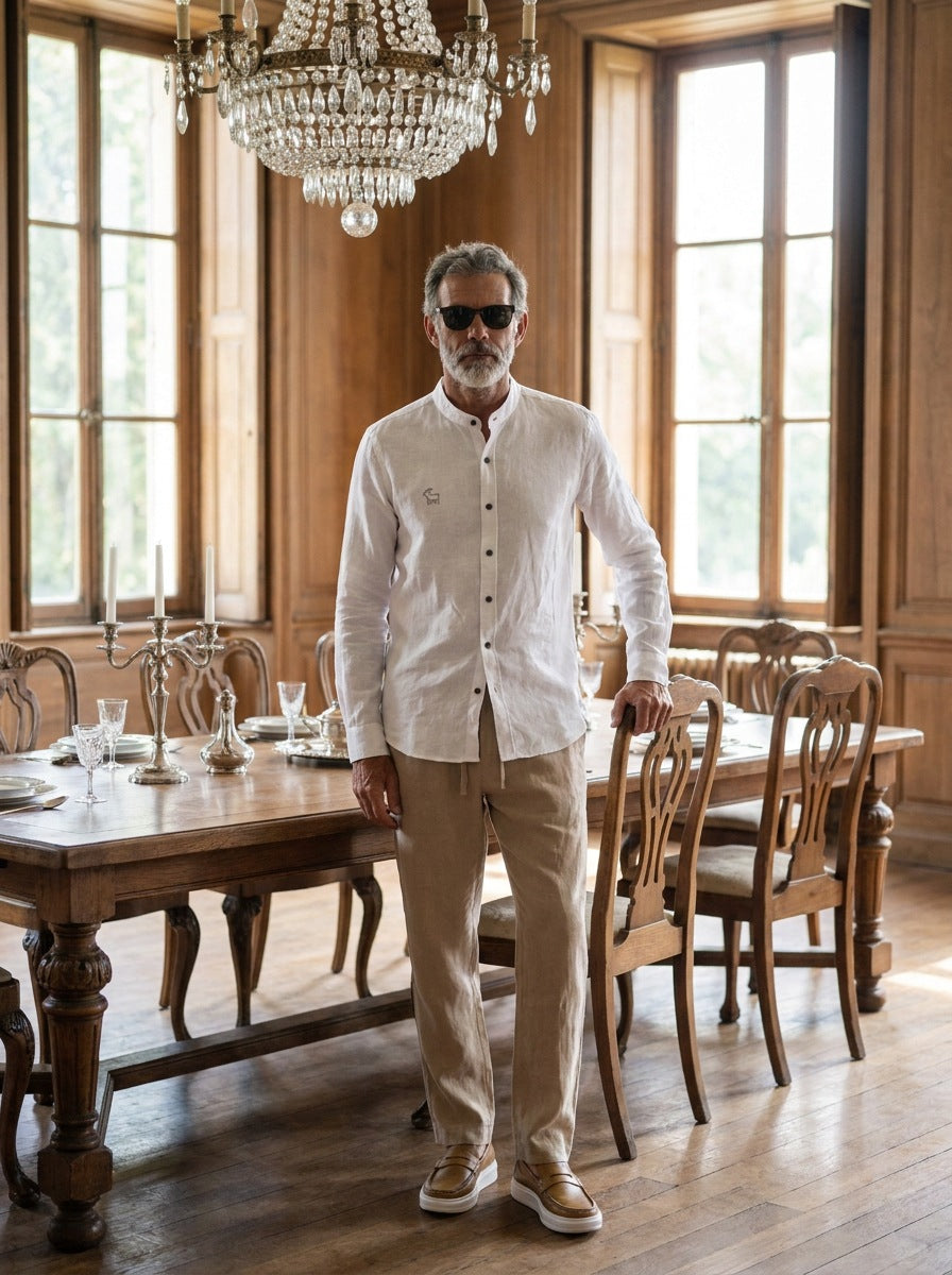 Camisa de Lino Camberwell — Camberwell blanca - Modelo S de pie.jpg