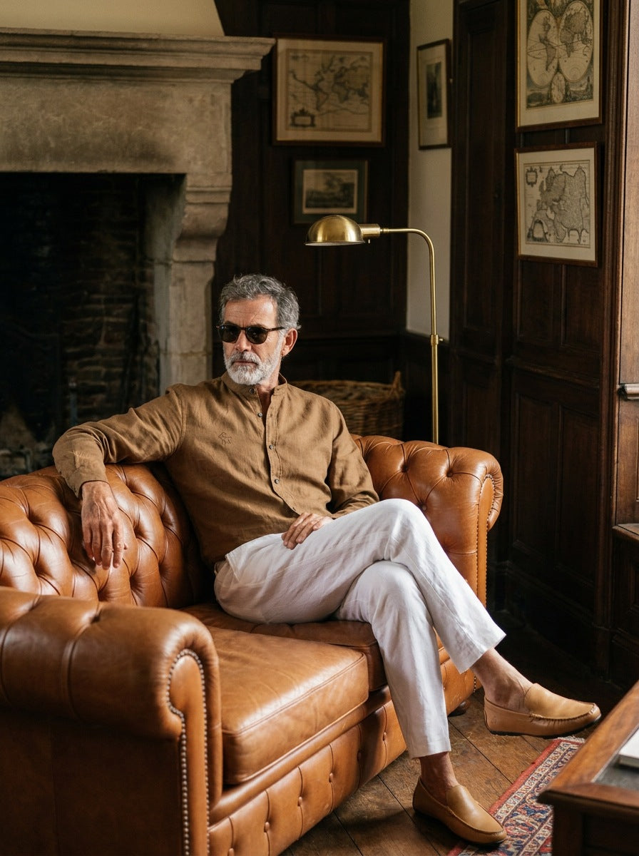 Camisa de Lino Camberwell — Camberwell marron - Modelo S sentado.jpg
