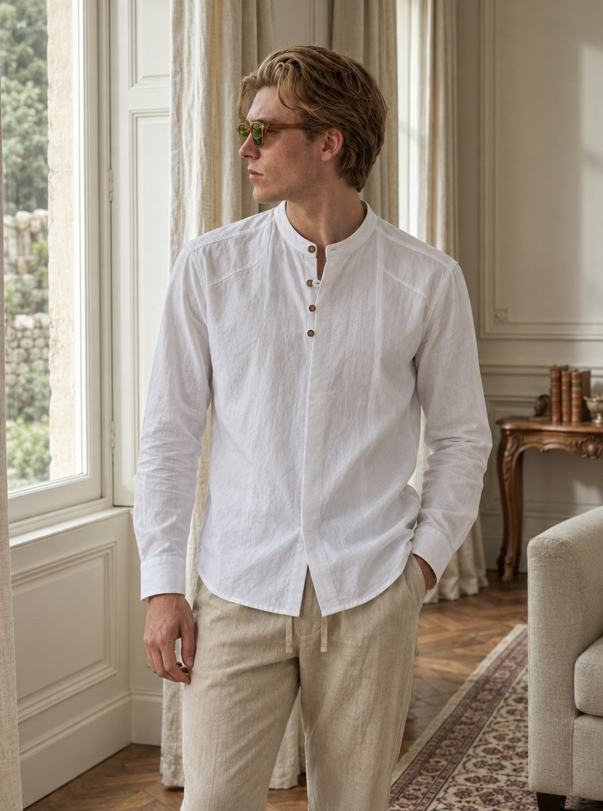 Camisa de lino Manga Larga — Manga Larga blanca - Modelo D de pie.jpg