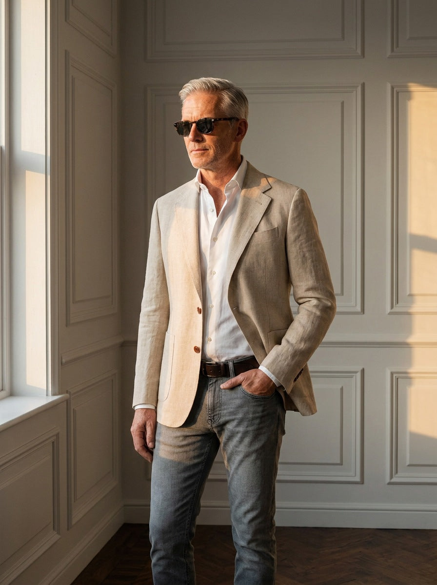Blazer Cadogan Linen — Cadogan beige - plano medio atardecer.jpg