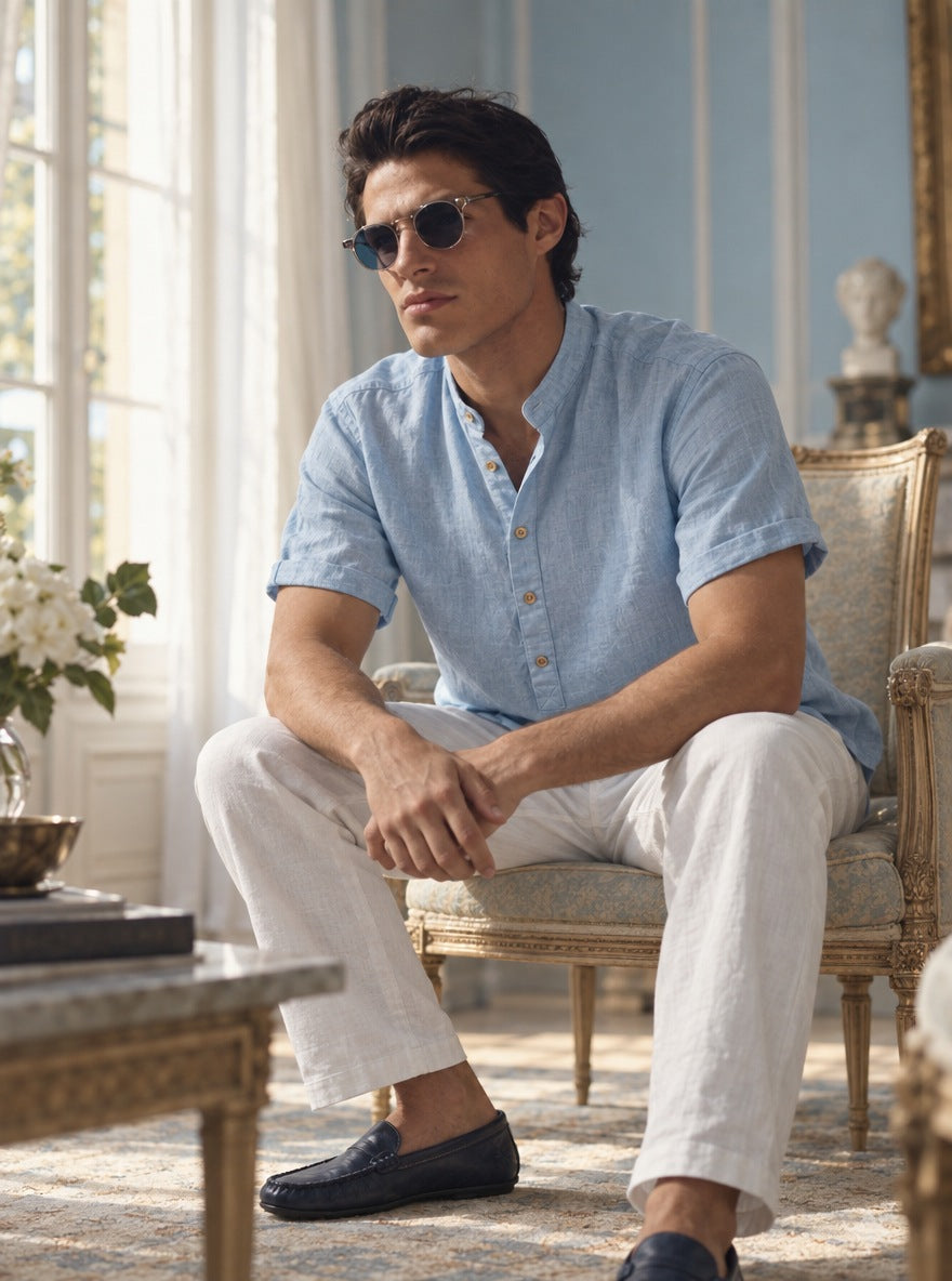 Camisa de lino Manga corta Azul Marino — Manga corta Azul Marino celeste - Modelo V detalle GPT.jpg