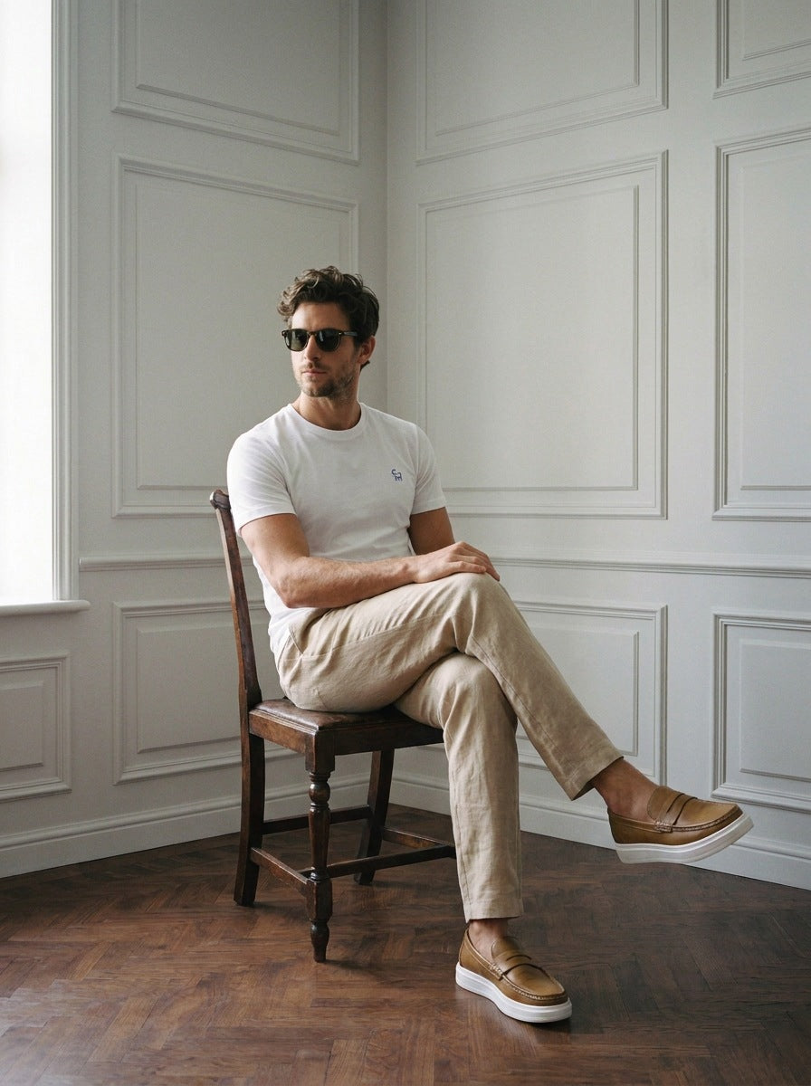 Remera Goat London — Remera Goat London blanca - Modelo B2 sentado.jpg
