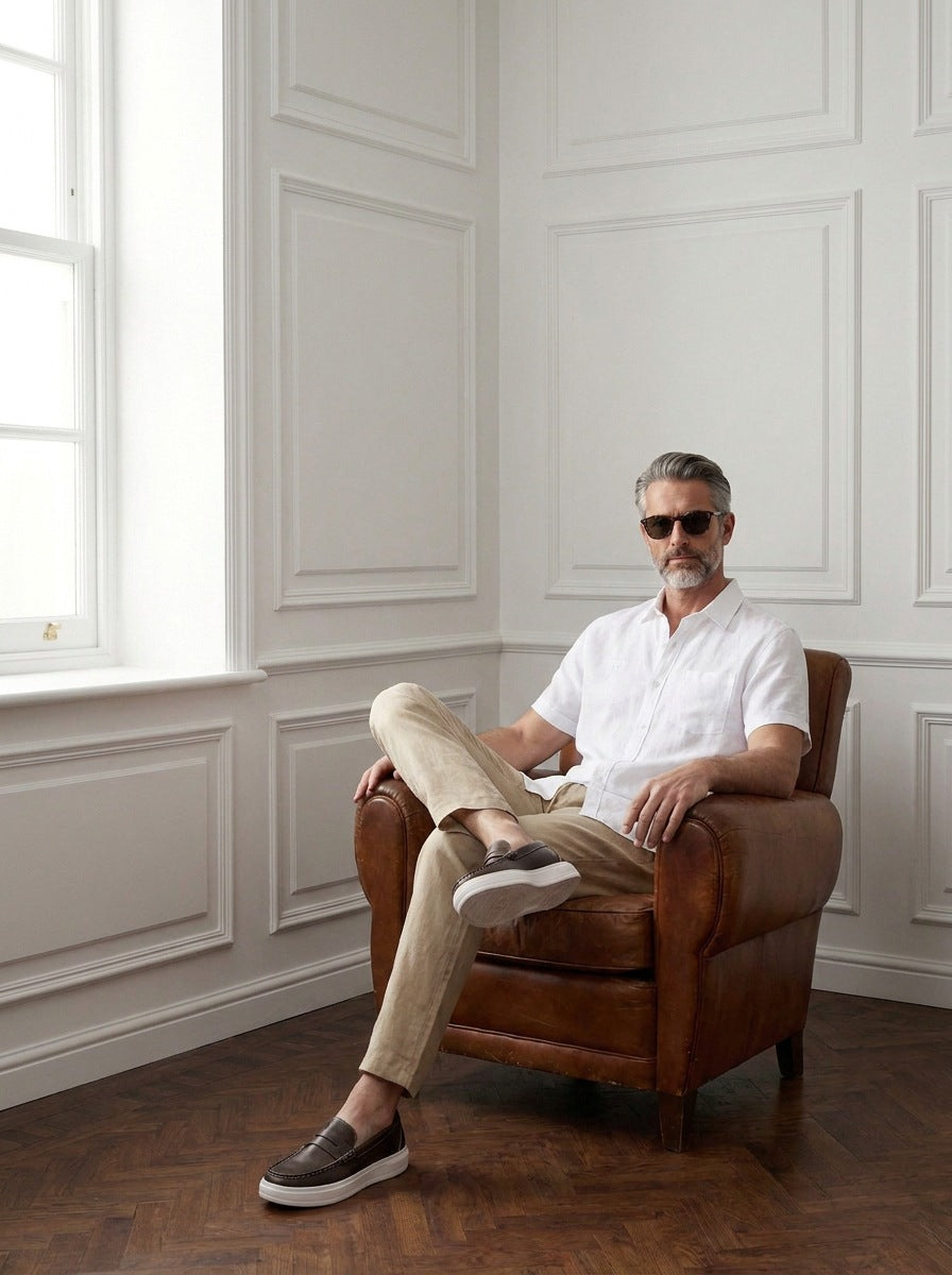 Camisas Mayfair — Mayfair blanco - Modelo K sentado.jpg