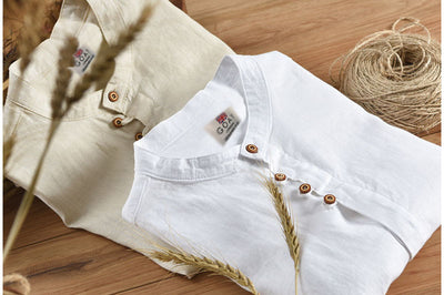 Camisa de lino abotonada manga corta blanca